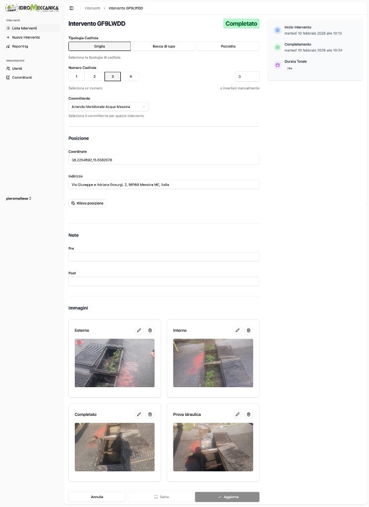 Intervention detail with type selection, GPS coordinates, photo attachments, and completion timeline