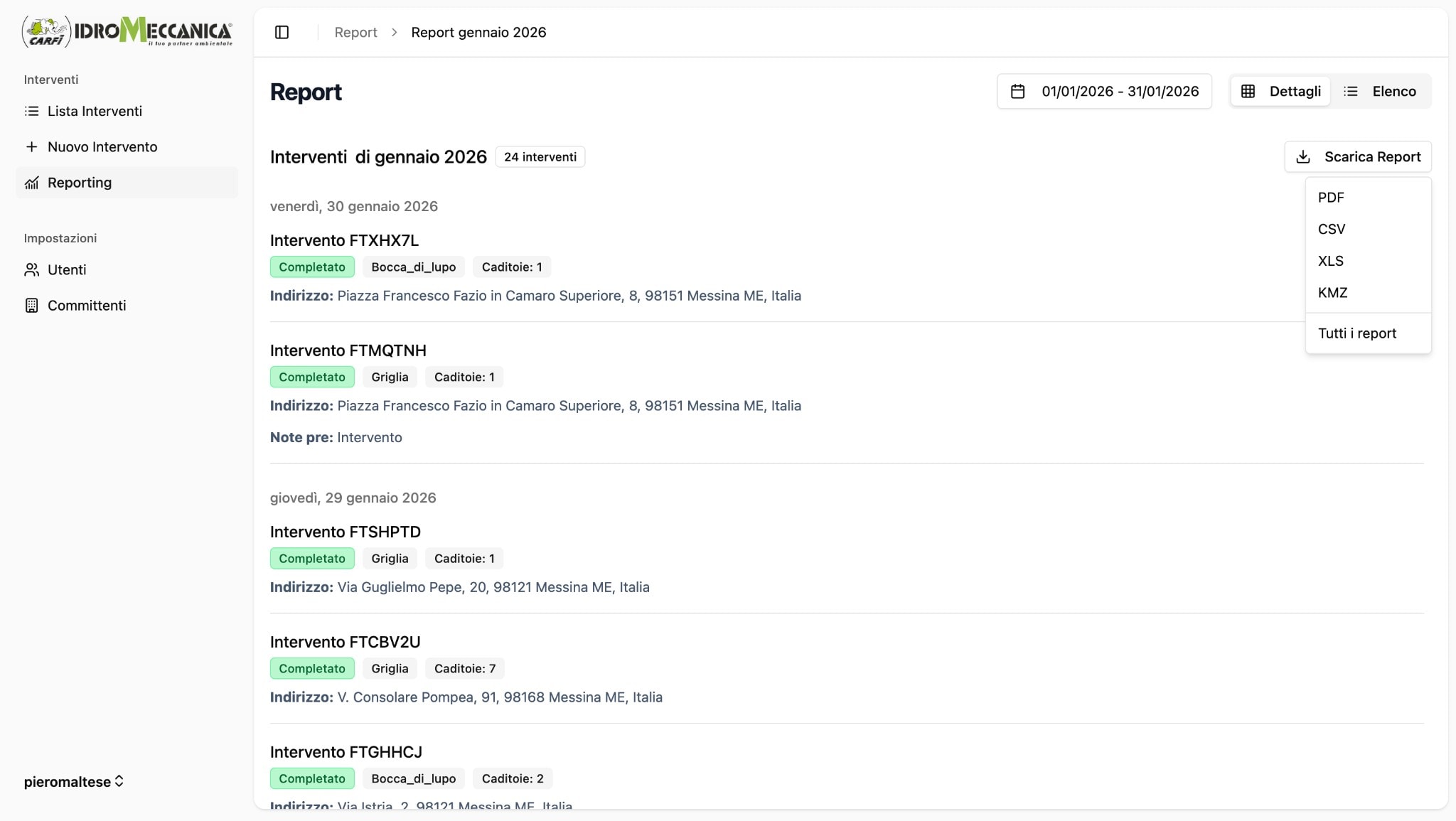 Monthly reporting with intervention list, export options (PDF, CSV, XLS, KMZ), and date range filtering