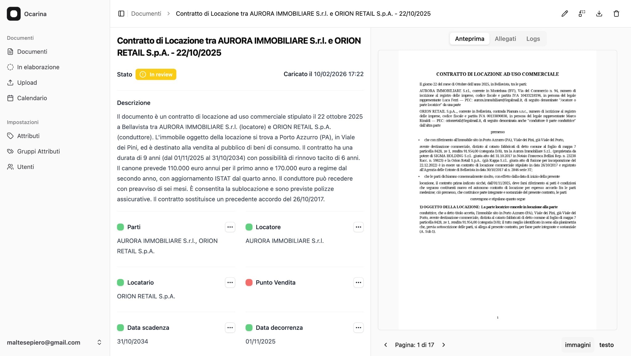 Document review with AI-generated summary, extracted attributes, and original PDF preview