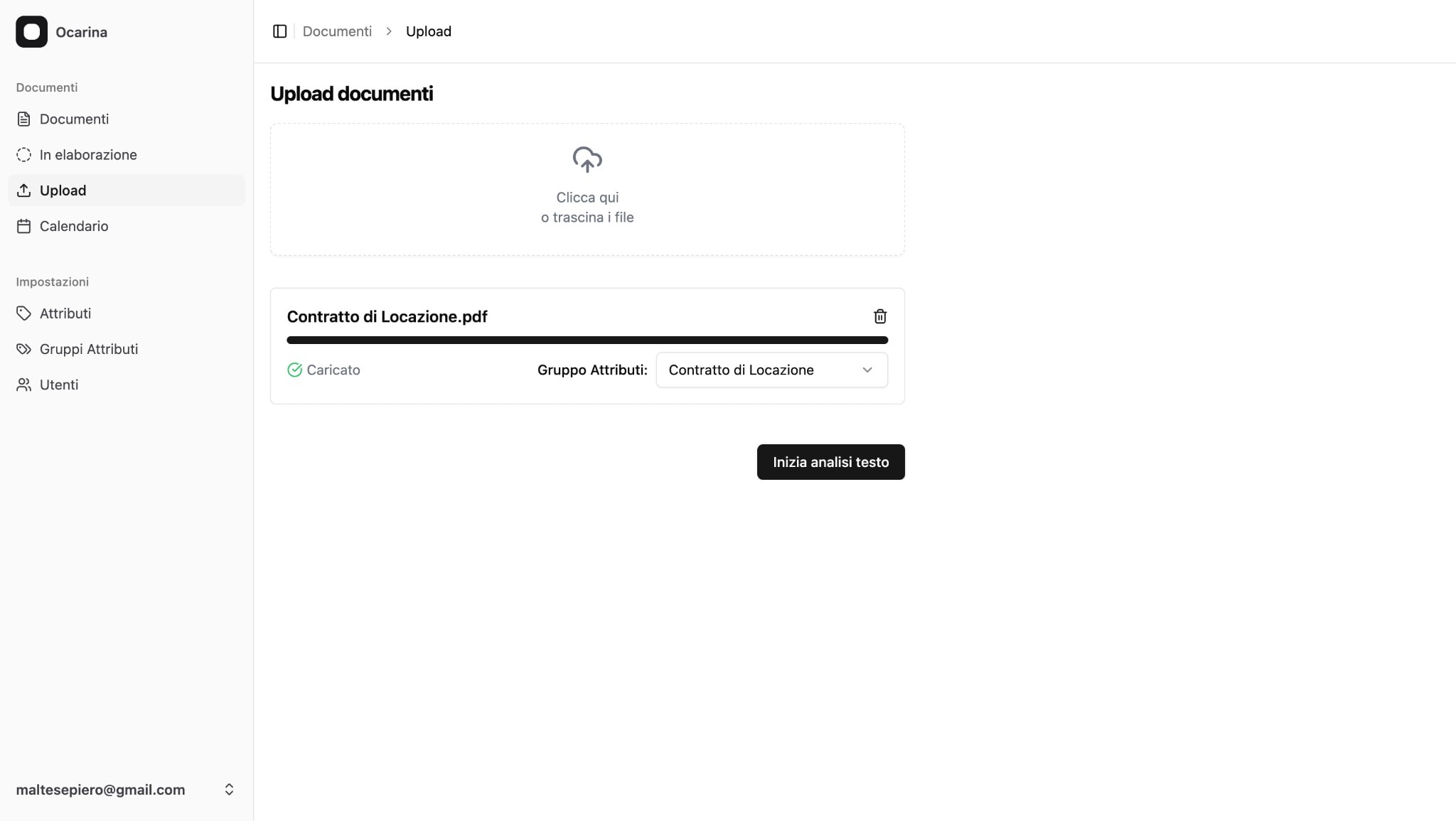 Document upload with attribute group selection and one-click analysis trigger